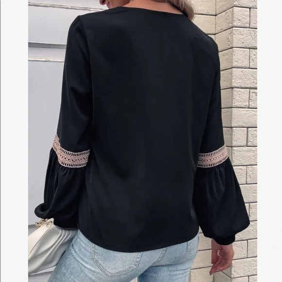 Boho Sheer Mesh Lace Long Sleeve Top Blouse Shirt Black - Picture 3 of 7